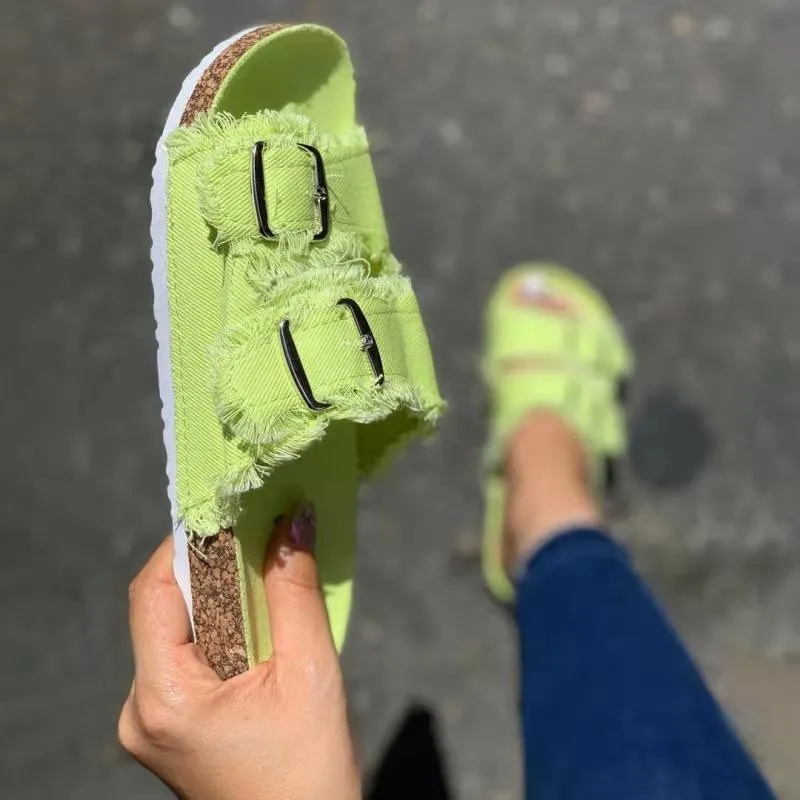Casual Solid Canvas Buckle Denim Flat Slippers - Green