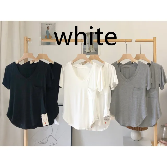 Draping Clavicle T shirt Female Summer Loose Korean Mid length Bottoming Shirt Short sleeved Casual V neck Top White - Shop at LoveMi