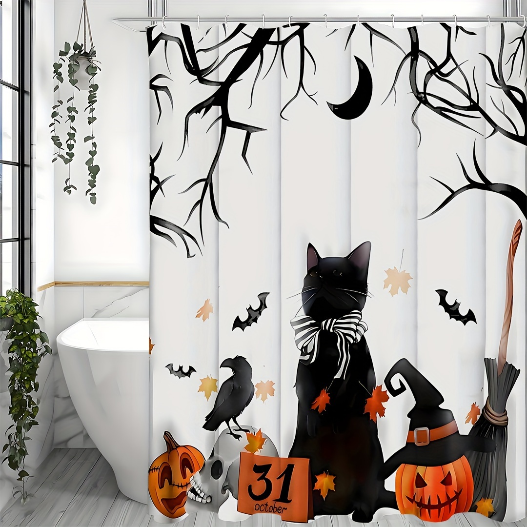 Spooky Halloween Shower Curtain Set - Vibrant Printed Design,12 Hooks - 1Pcs, Pumpkin Lantern, Black Cat, Crow Skull, Broom, Bat, Dead Branch Design 5