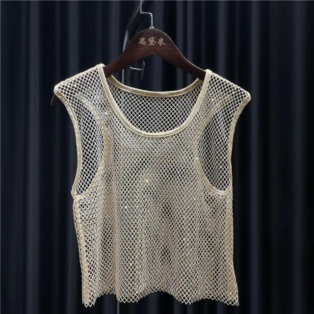 Thin Flash Diamond Short Tank Top Beige - Shop at LoveMi