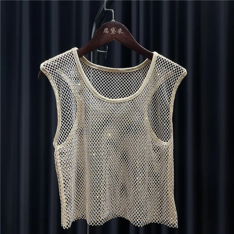 Thin Flash Diamond Short Tank Top - Beige