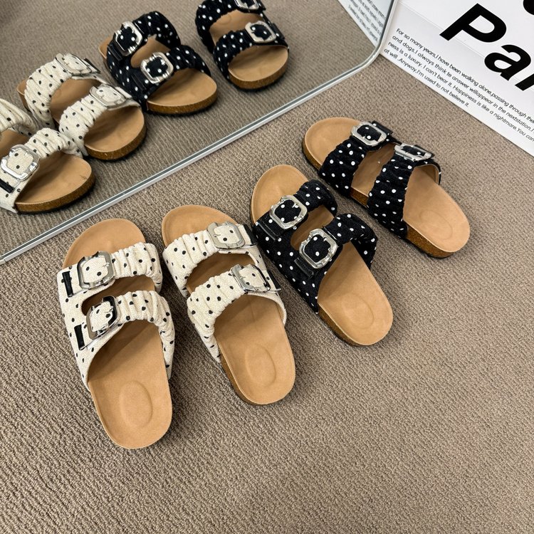 Women Retro Polka Dot Double Cork Slide Sandals, Adjustable Gathered Strap Soft Cork Insole Non Slip Summer Casual Beach Daily Wear Slippers