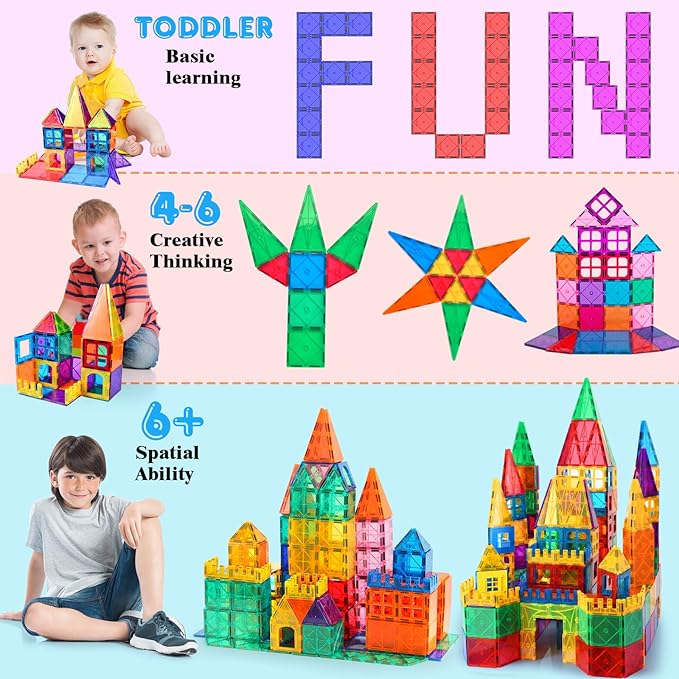 Magnetic Building Blocks Set for Kids. Larger magnetic tiles set, 102PCS in total（all basic shapes and colors, no cars）with an idea book. compatible with most of the magnetic building tiles on the market. The magnet tiles set is made of high quality ABS p