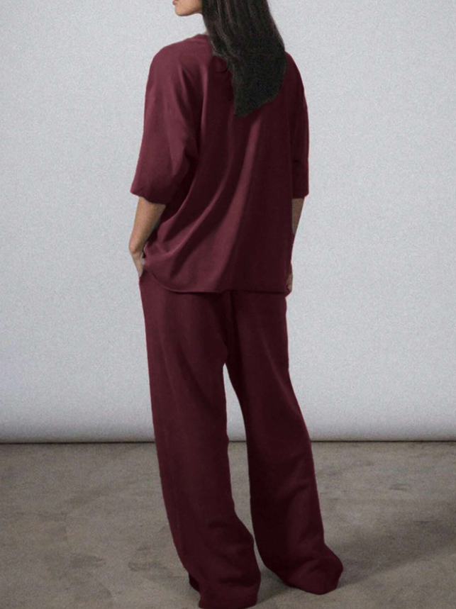 2pcs Women Solid Color Crew Neck Short Sleeve Top And Long Pants Casual Outfit