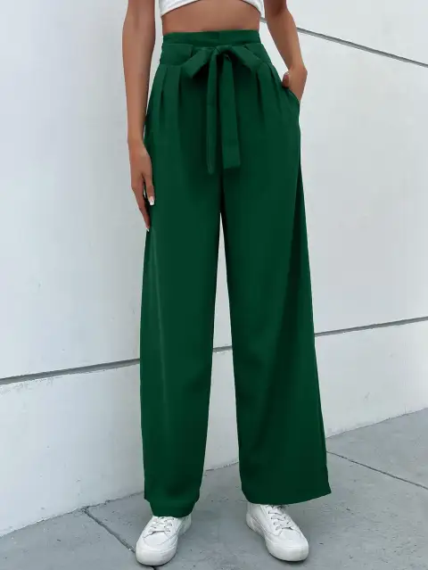 Women Woven High Waist Wide Leg Pants Front Tie