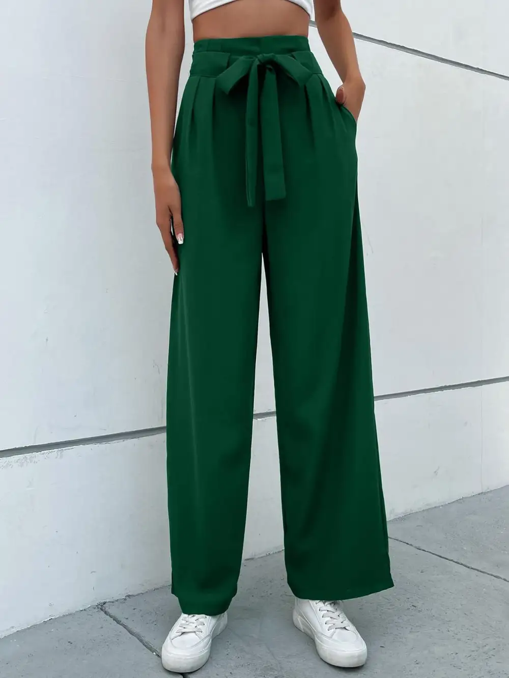 Women Woven High Waist Wide Leg Pants Front Tie