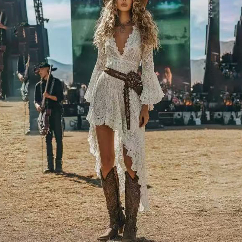Women's Solid Color Deep V Neck Long Sleeve Lace Dress Bohemian Style Summer Dress With Irregular Hem White - Shop at LoveMi