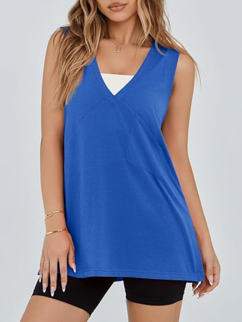 Breathable womens summer workout tank with side slit and chest pocket