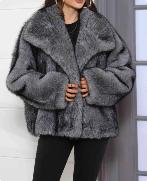 Large Lapel Fluffy Plush Artificial Fur Short Gray Clip Black - Shop at LoveMi