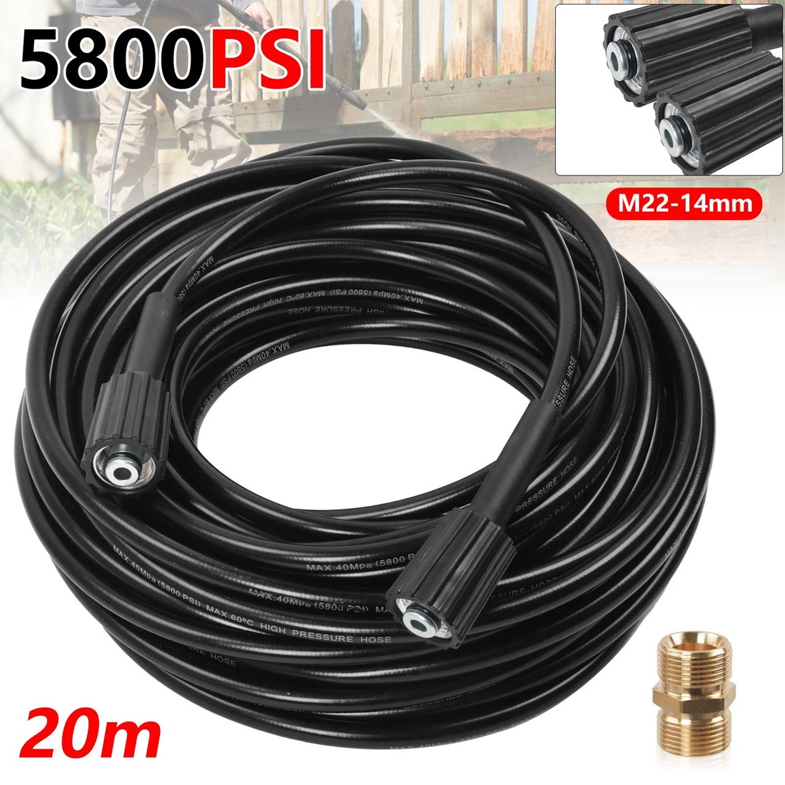20-meter High-pressure Washer Hose M22-14 Series  Copper Threaded Connector