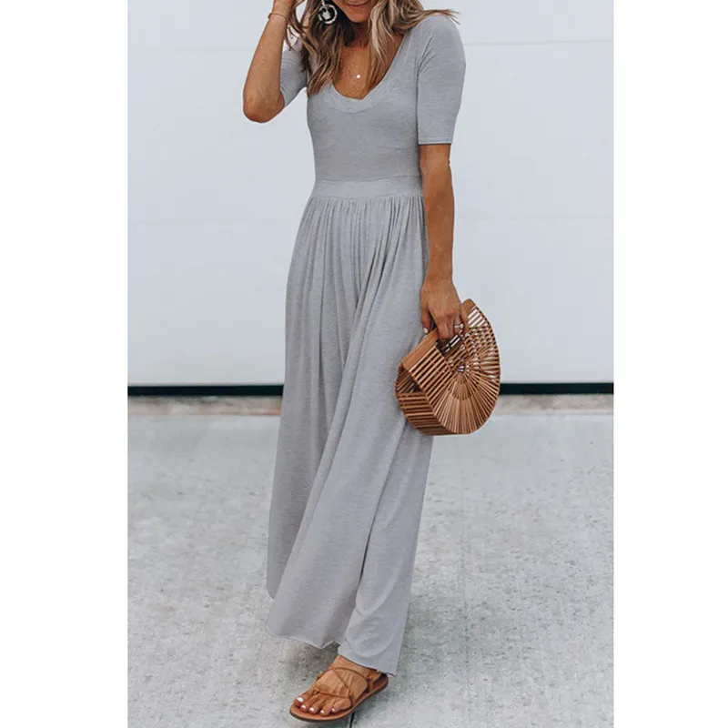 New Round Neck Short Sleeve Long Jumpsuit - Grey