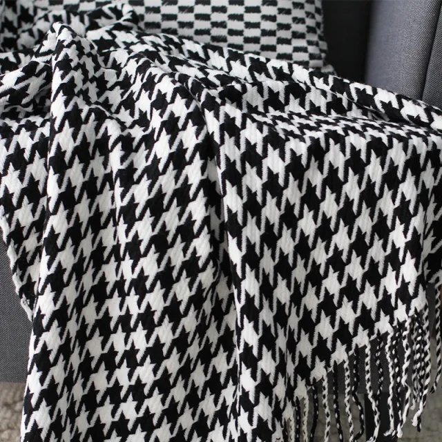 Houndstooth Tassel Woolen Blanket Black And White - Shop at LoveMi
