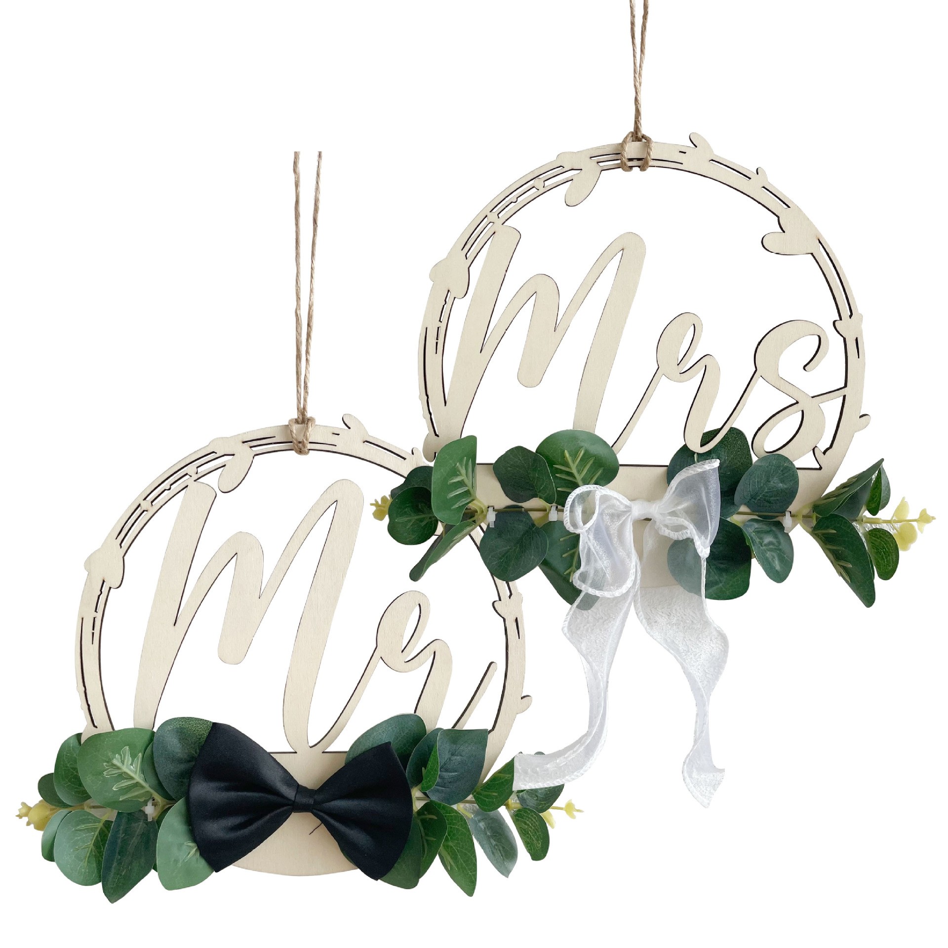Mr And Mrs Wedding Chair Signs, Rustic Wooden Eucalyptus Chair Hanging Decor With Bowknot, Boho Bride Groom Chair Markers For Wedding Ceremony Reception Backdrop Decoration