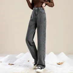 Fashion Simple Casual High Waist Plus Velvet Jeans - Grey - View 1