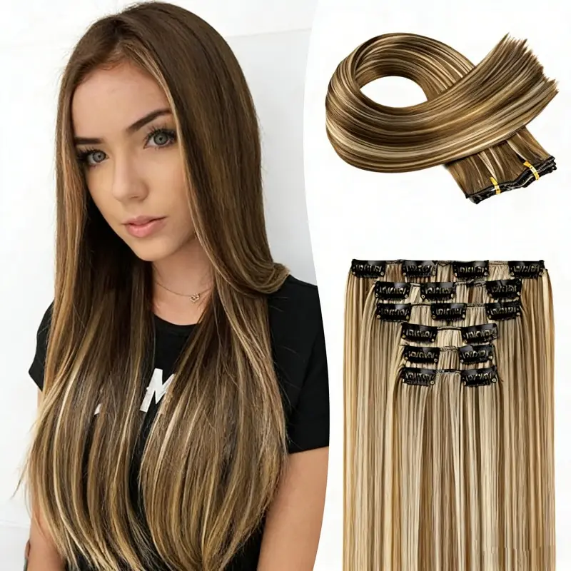 Heat Resistant Hairpiece Cool Brown WithBlonde Highlights For Women High-Quality Durable Easyto Use Versatile Styling Options Clip In
