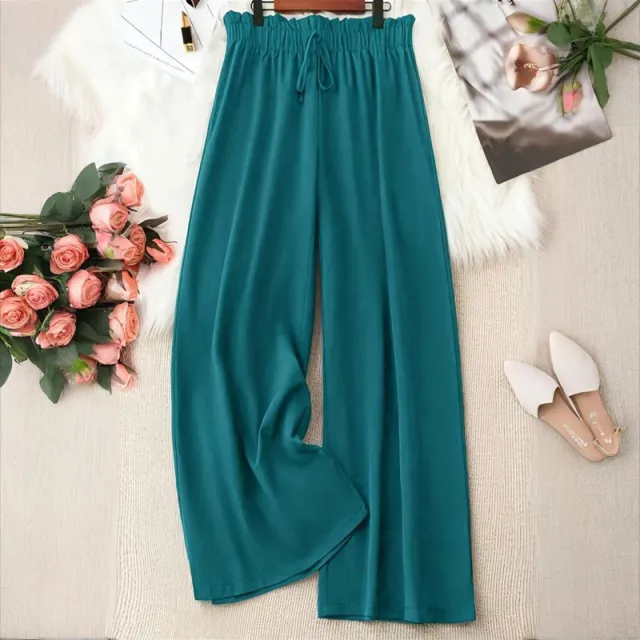 Plus Size Women's Solid Color Wide Leg Pants With Elastic Drawstring Waist Flowy Casual For Spring&Summer Cyan - Shop at LoveMi