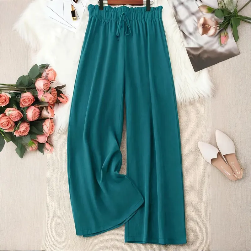 Plus Size Women's Solid Color Wide Leg Pants With Elastic Drawstring Waist - Flowy Casual For Spring&Summer - Cyan