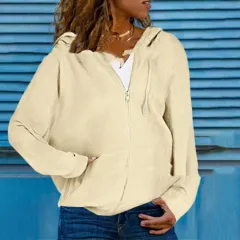 Loose Pocket Zipper Solid Colour Hooded Sweater Cardigan - Beige - View 1