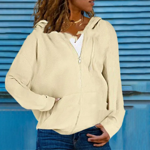 Loose Pocket Zipper Solid Color Hooded Sweater Cardigan Beige - Shop at LoveMi