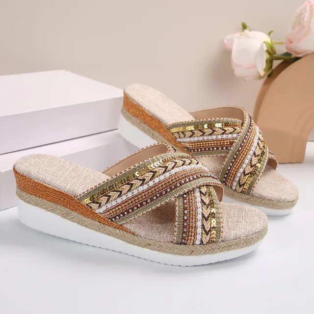 Linen Wedge Sandals Summer Ethnic Style Cross strap Sandals For Women Non slip Slides Beach Shoes Yellow - Shop at LoveMi