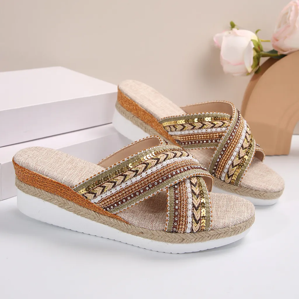 Linen Wedge Sandals Summer Ethnic Style Cross-strap Sandals For Women Non-slip Slides Beach Shoes - Yellow