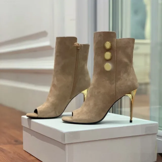 New Fish Mouth Metal Round Buckle Ankle Boots Super Stiletto Women's Shoes Camel - Shop at LoveMi