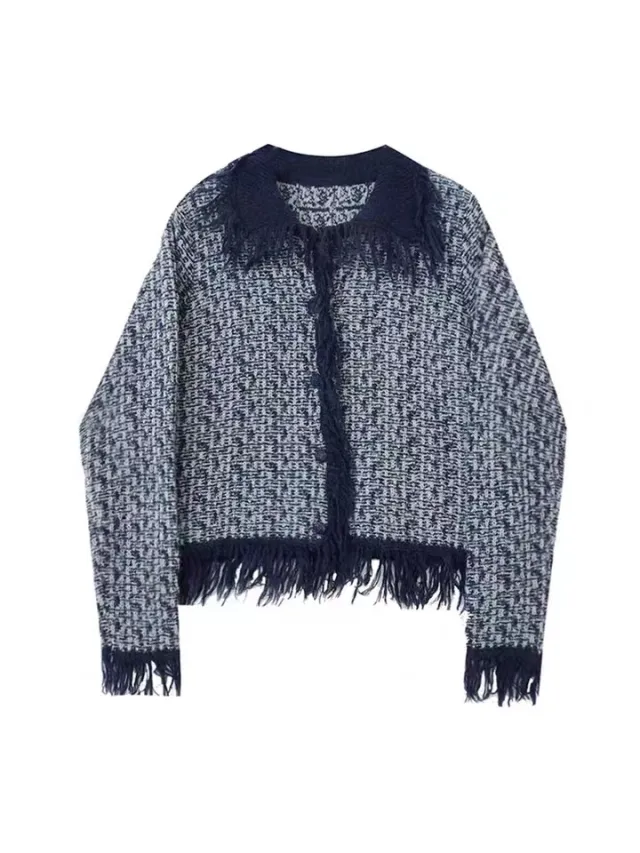 Retro Chic Tassel Lapel Sweater Female Design Sense Niche Autumn Lazy Wind Blue - Shop at LoveMi