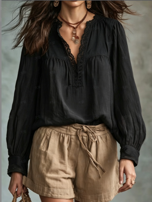 Black Lace V-neck Pleated Bubble Long Sleeved Textured Cotton And Linen Shirt