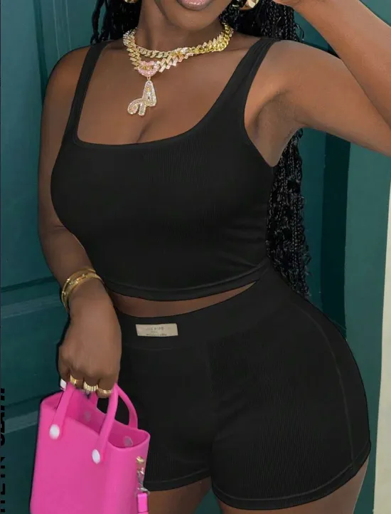 Women's Set Casual All Match Ribbed Tank Top And Tight Fitting Shorts Set For Home And Daily Wear Z Black - Shop at LoveMi
