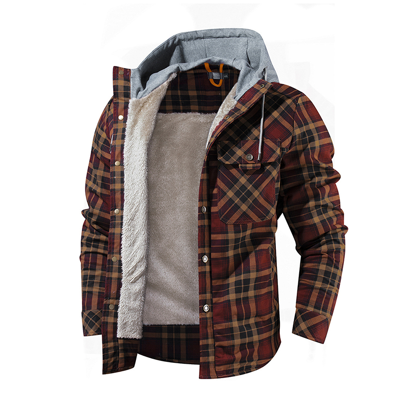 Men Warm Jacket Fleece Lining Lumberjack Plaid Hooded Jackets Snap Button