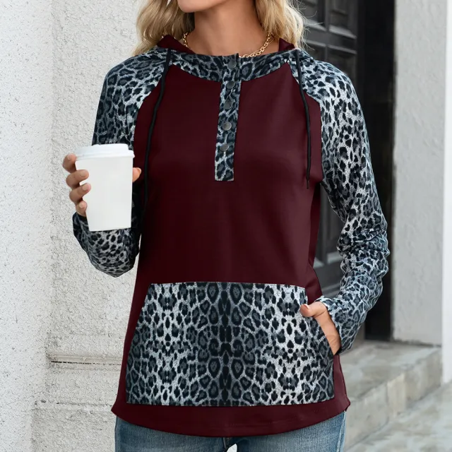 Leopard Print Patchwork Contrast Color Hooded Long Sleeve Sweater Top Women Wine - Shop at LoveMi