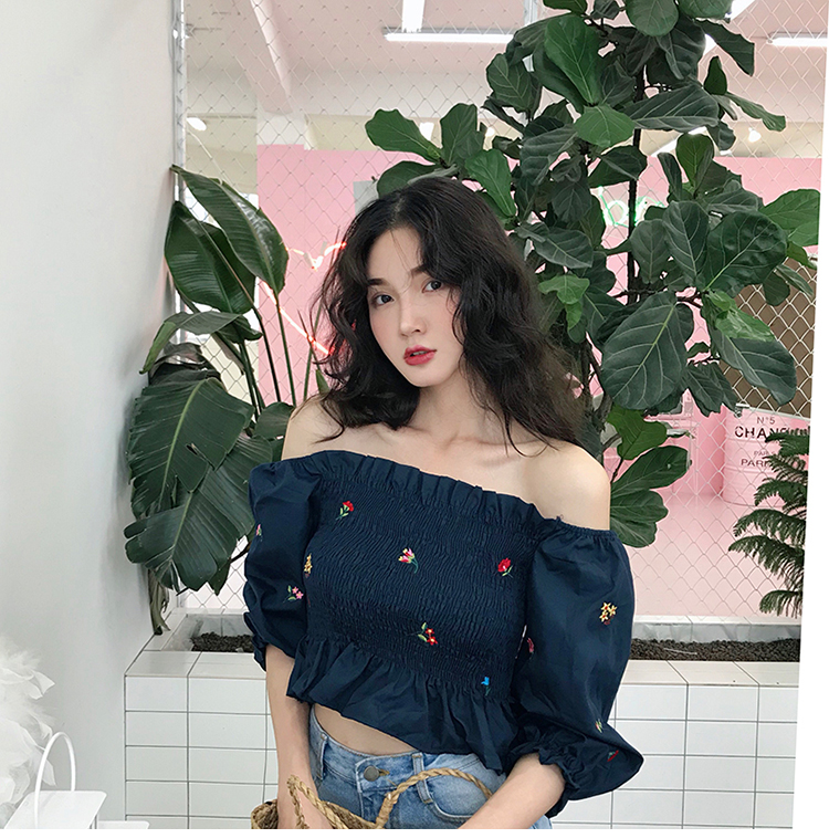 Women's Summer Embroidered One Shoulder Slim Fit Balloon Sleeve Shirt