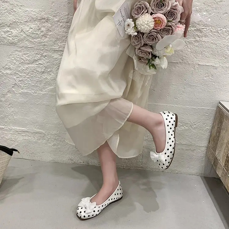 Women's Polka Dot Bow Flat Pumps, Square