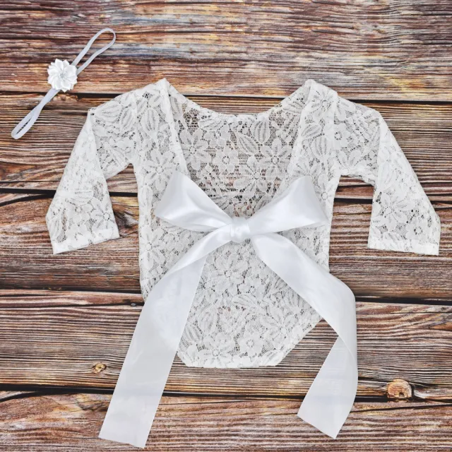 Newborn Photography Clothes Tie With Bow Tie Lace Photo Clothes Photography Headband Two piece Suit White - Shop at LoveMi
