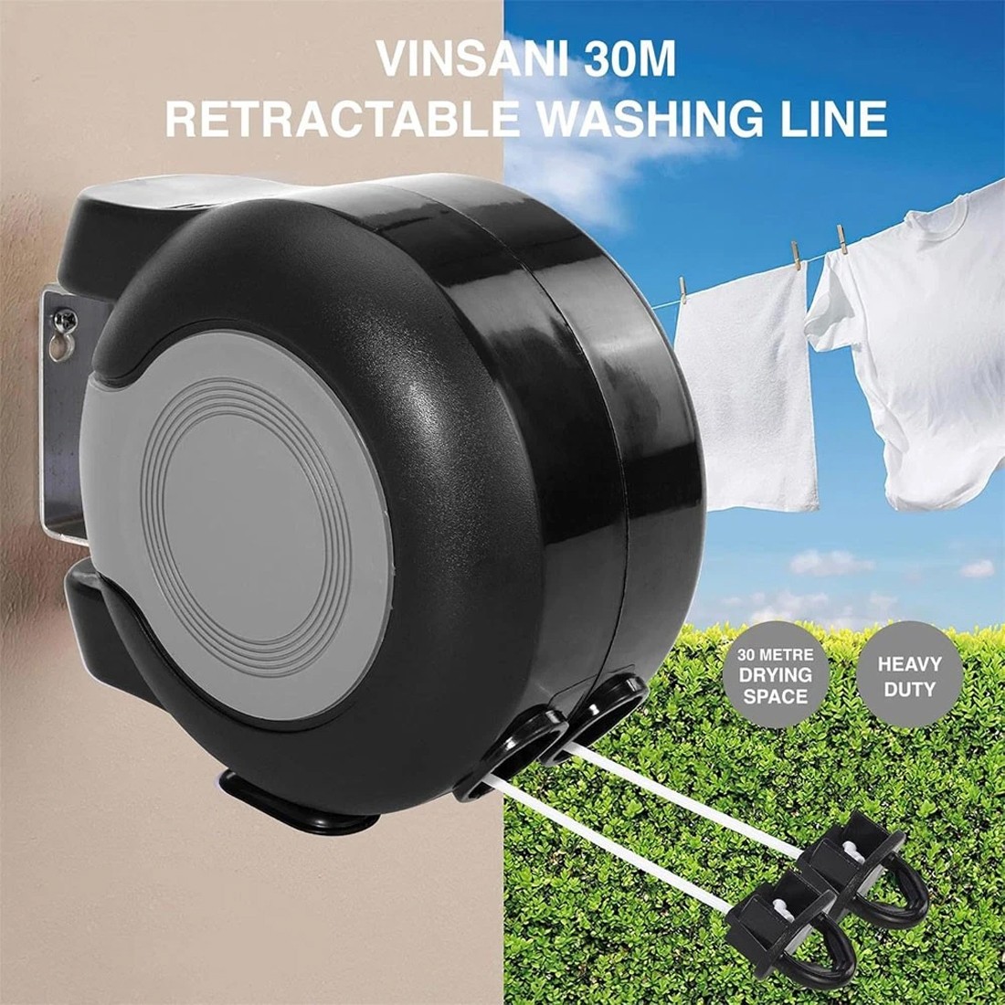 30m Retractable Clothes Reel Double Washing Line Wall Mounted Outdoor Drying Hot