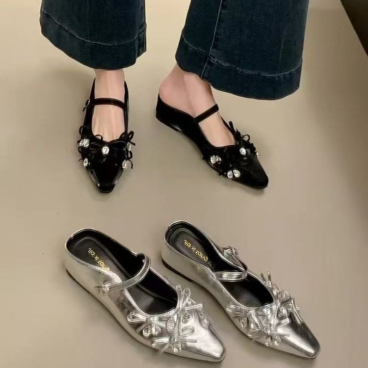 Women's Silver Hidden Wedge Closed Toe Mules, Outdoor Wear, 2025 New Spring & Summer Mary Janes With Bow