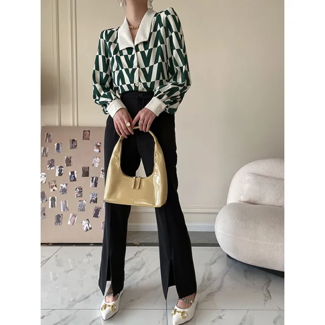 Women's Geometric Print Vintage Layered Lapel Shirt Green - Shop at LoveMi