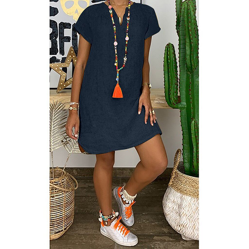 Womens Summer Casual Solid Color V Neck Short Sleeve Dresses Boho Beach Sundress - Picture 11 of 12