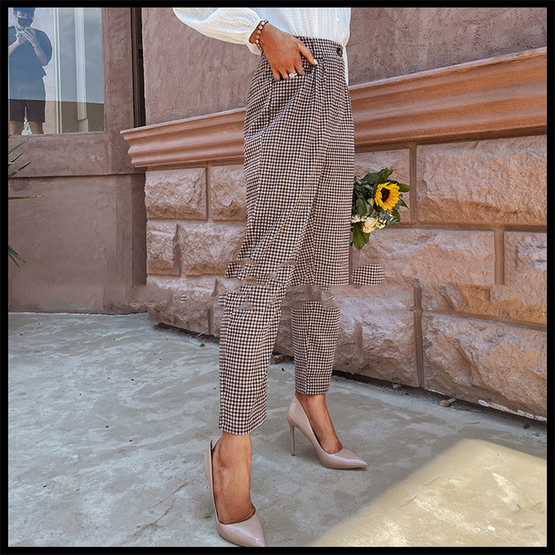 New High-waist Plaid Pocket Cropped Trousers