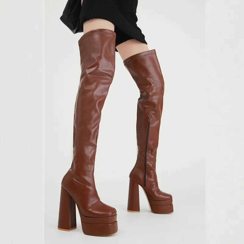 European And American New Square Head Platform Thick Heel Over The Knee Fashion - Brown