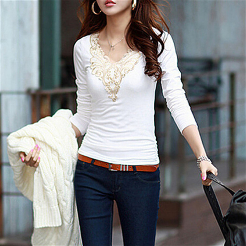 Lace Stitching Long-sleeved V-neck Bottoming Shirt