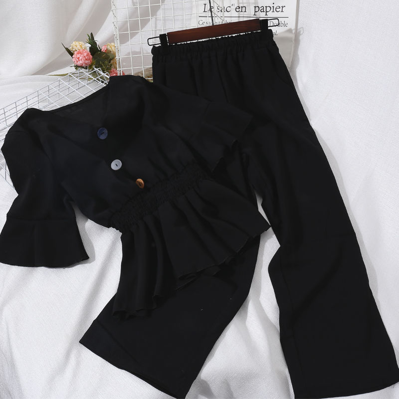 V-neck Waisted Ruffled Blouse, High-waisted Wide-leg Pants Suit