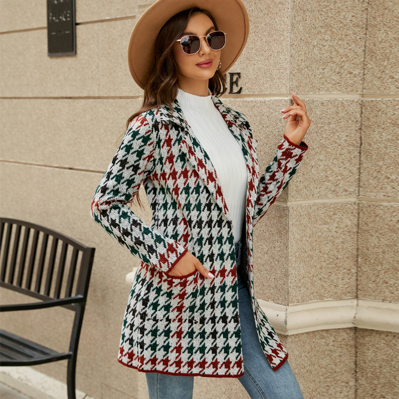 Long Sweater Contrast Houndstooth Knit Cardigan Trench Coat Houndstooth - Shop at LoveMi