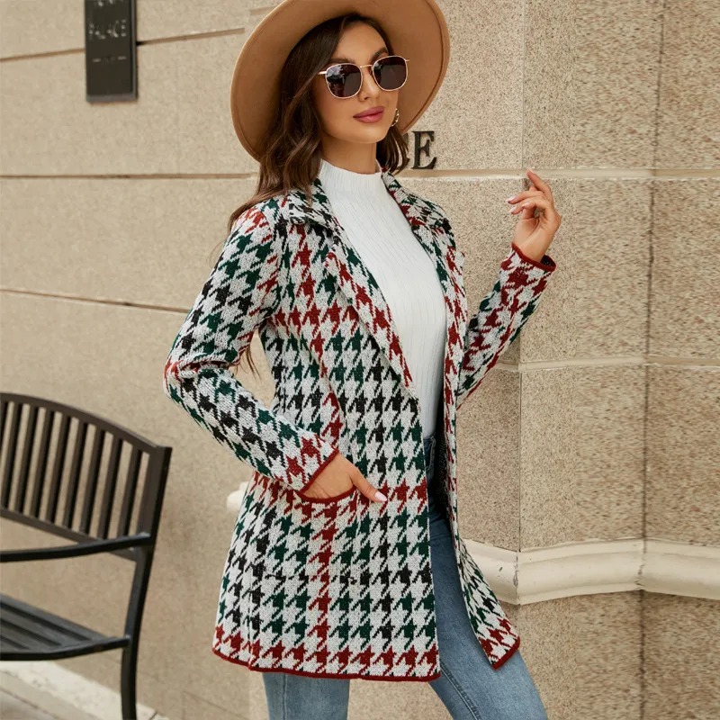 Long Sweater Contrast Houndstooth Knit Cardigan Trench Coat - Houndstooth
