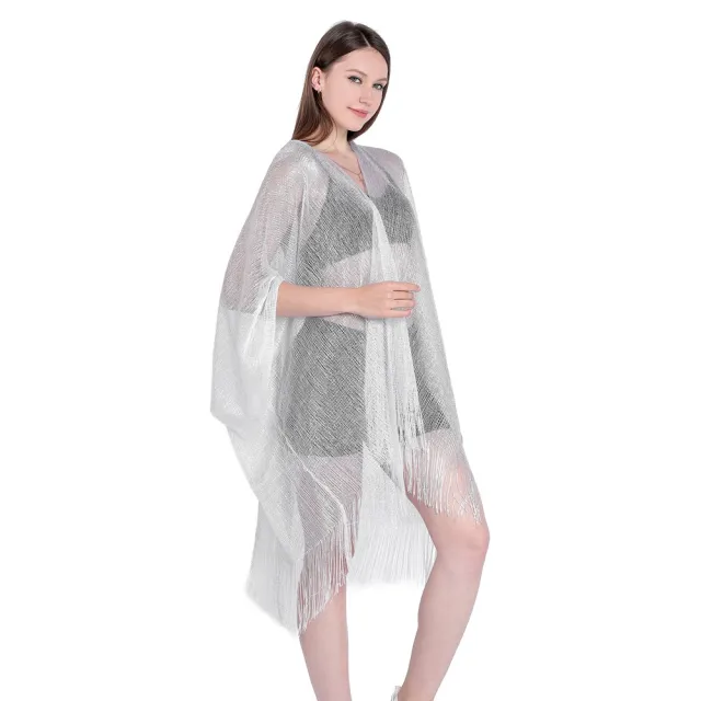 Gold And Silver Ribbon Sleeve Split Shawl Holiday Bikini Blouse Sunscreen Clothes White - Shop at LoveMi