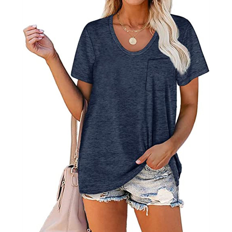 Title 6, Solid Color Pocket Round Neck Short-sleeved T-s...