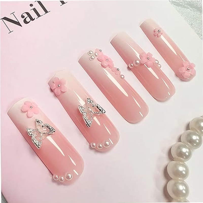 24 PCS Flower Diamond Butterfly Nail Art, Long Length Long Water Pipe Fake Nails,Square Head Nail Tips False Nail