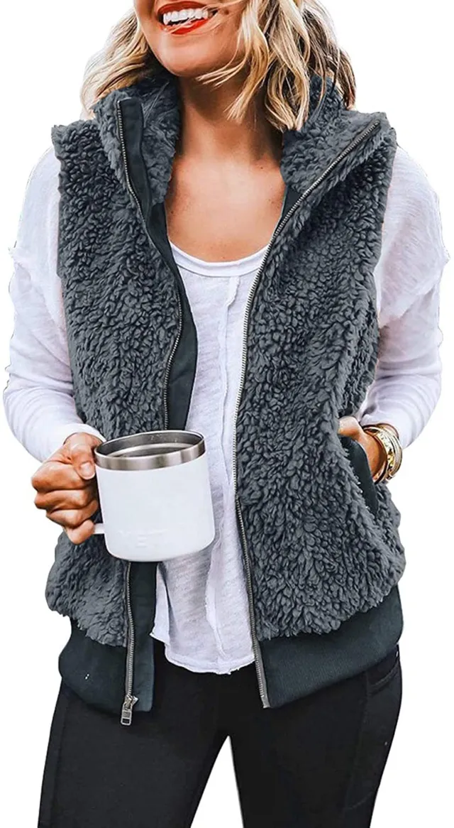 Women's Warm Furry Vest Jacket With Zipper Pockets Grey - Shop at LoveMi