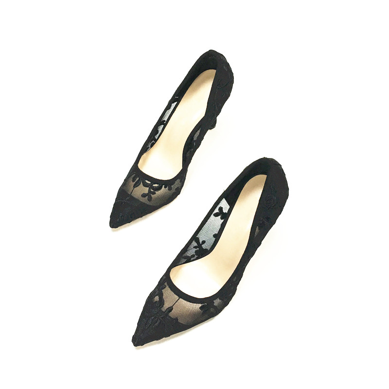 Shallow High Heels Stiletto Pointed Flower Mesh Lace All-match Single Shoes