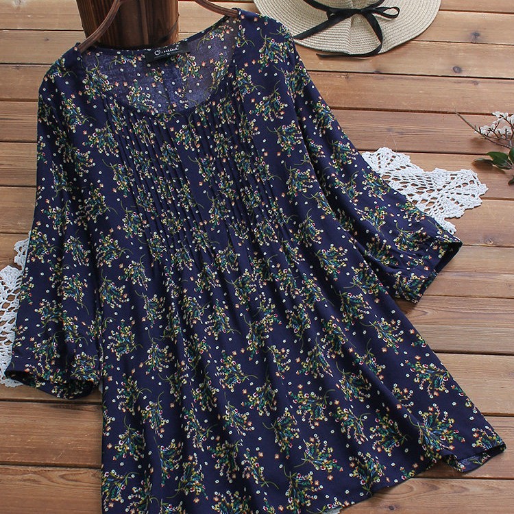 Floral Oversized Women's Shirt With Printed Pleated O neck Navy - Shop at LoveMi